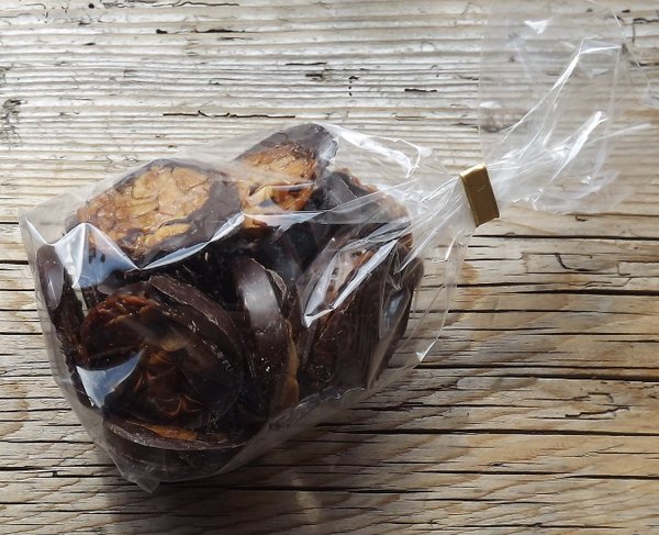 Mandelflorentiner klein 3 cm Durchmesser mit Dunkle Schokolade